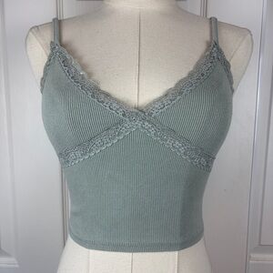 Garage Lace Trim Ribbed Cropped Cami in Sage Green